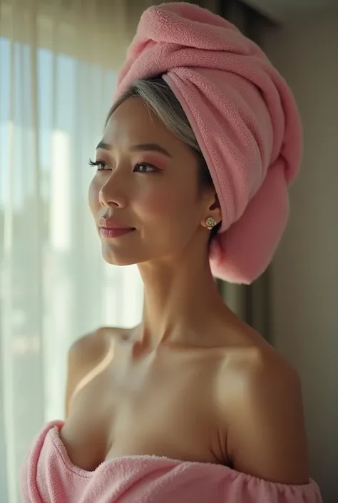 A sexy still very young looking 50 yearsold mature Filipino girl with a pink hair towel completely covering her head she is getting married wearing a bathrobe standing in a makeup room High-key lighting Style, 1girl, sol o,,gray hair, completely gray hair,...