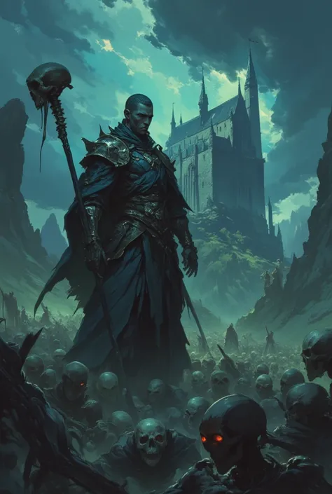 A male mage, God of Death, necromancer stands at the center of. Clutching an obsidian staff topped with a skull, he commands a vast army of skeletons, their glowing eyes menacing and their bones rattling. The sky above is dark and ominous, reflecting the n...