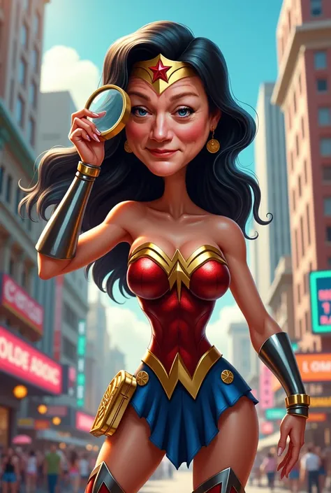 The model should be in a caricature style with a realistic to the photo face. she should be dressed like wonder woman holding up a magnifying glass and have the colorful city at her back