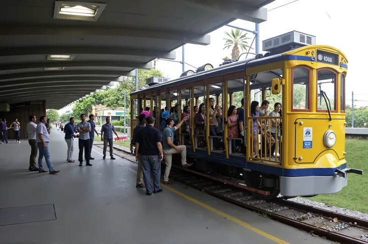 Overcrowded open streetcar in Rio de Janeiro in the 1950s on a rainy day
