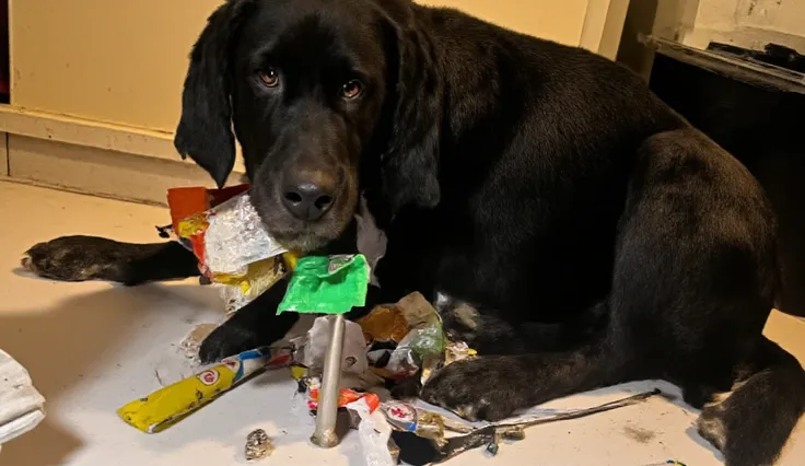 A black labrador in portrait sitting with a proud face amongst a small pile of food wrappers in the kitchen. A piece of wrapper dangling from his mouth.