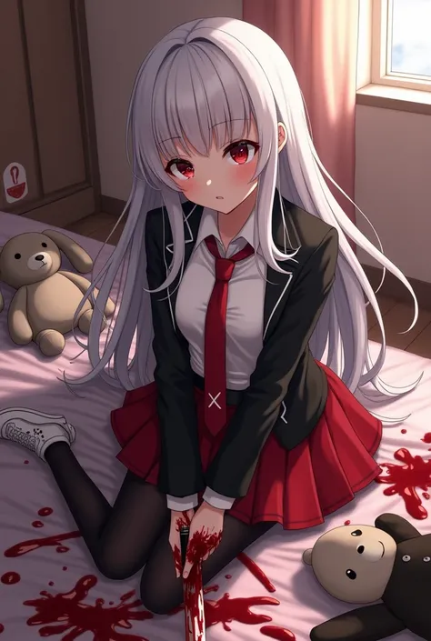 Anime girl sexy body white silver hair very red eyes with school uniform black jacket white shirt red skirt black tights white sneakers red tie and a knife covered in blood she is in her room with a bed stuffed animals covered in blood and on her bed there...