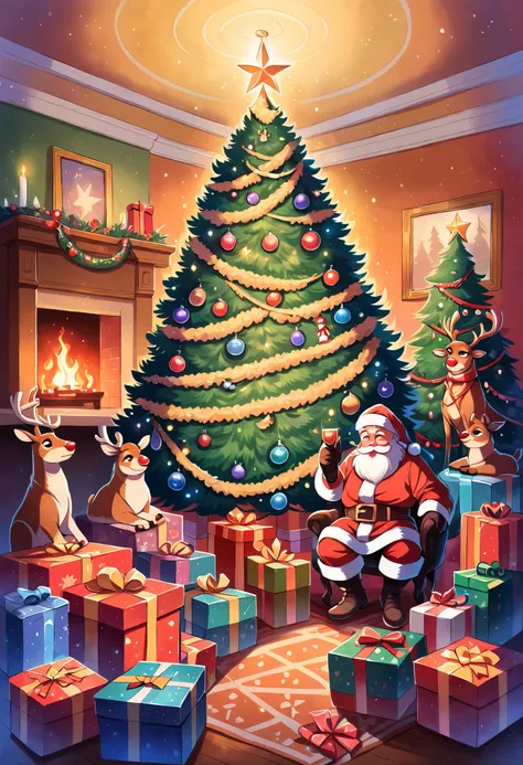 rating_safe, score_9, score_8_up, score_7_up, score_6_up, score_5_up, score_4_up, hires, heart-warming Christmas, featuring a cheerful Santa Claus in traditional costume in the center of the composition, a lavishly decorated Christmas tree with twinkling l...