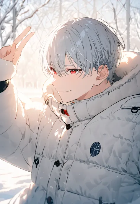  handsome, Alone, 1 male, Gray Hair,  red eyes,  Long Sleeve ,  white down jacket, noon,  white light ,cute目, Short Hairstyle ,cute, background with design ,現代アートなWinter Background, bright , looking at camera,Making a peace sign,Winter Background,Im wearin...