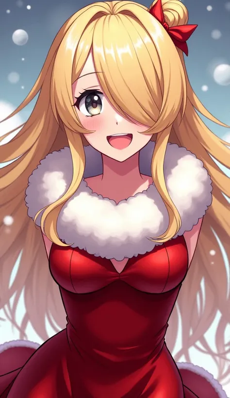 anime style, masterpiece, best quality, 1 woman, (mature), (slender), Signora, blonde hair, light grey eyes, tied hair, single hair bun, hair over one eye, (extra long hair:1.5), contrast, vibrant colour, (red velvet), fur boa, Santa clause, Christmas, win...