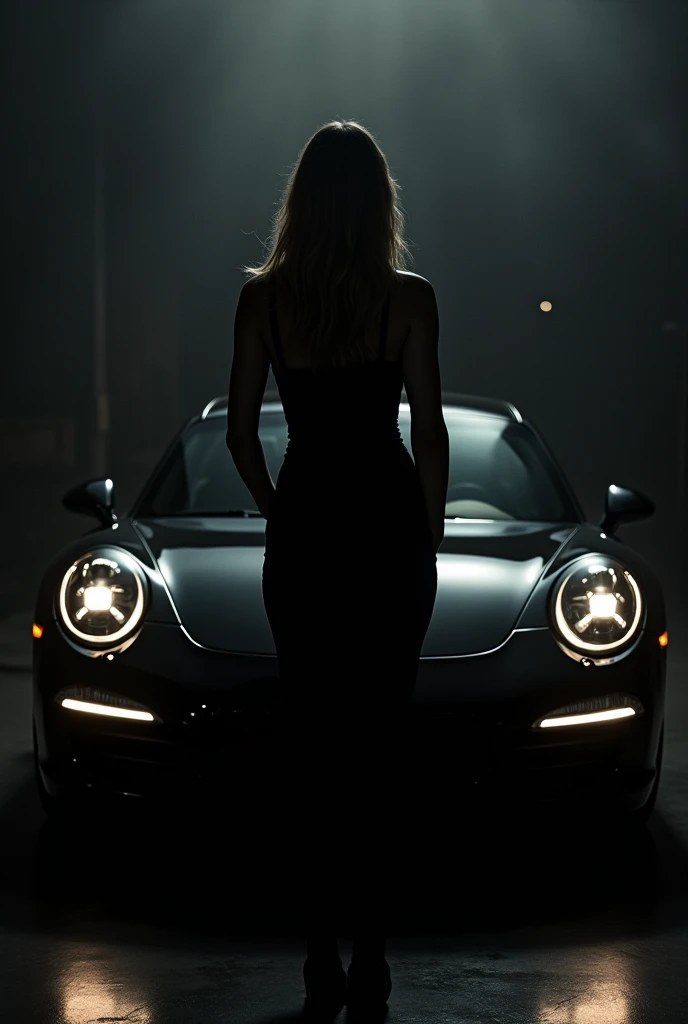 Create a picture with dark mode A women standing back pose with black luxury car 