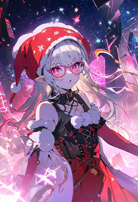 (Gothic style), ((floating)), (coating), Christmas，Santa hat,  unique , (1 Girl), Beautiful Face, collar, Bare shoulders, White hair, (gradient eyes), (High Saturation), neon lights, Night City, bespectacled, long pointy ears, heart in eye, blind box toy s...