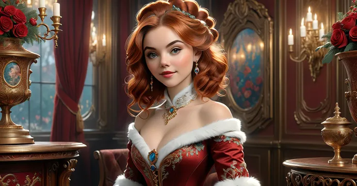 "A young, elegant woman envisioned as a youthful and cheerful Mrs. Claus, blending the features of Sabrina Carpenter, Scarlett Johansson, and Chloe Bennet. She has vibrant auburn hair styled beautifully and exudes joy, elegance, and festive warmth. The set...