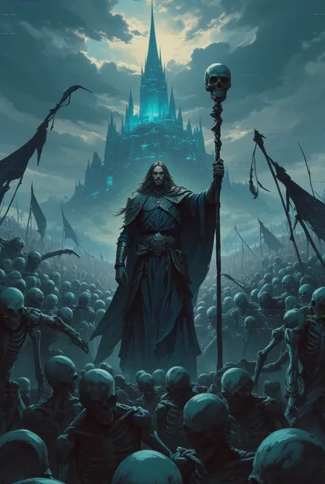 A male mage, long hair, God of Death, necromancer stands at the center of. Clutching an obsidian staff topped with a skull, he commands a vast army of skeletons, their glowing eyes menacing and their bones rattling. The sky above is dark and ominous, refle...