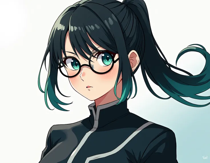 Create a girl in the anime style Jujutsu Kaisem with the garters uniform with her hair tied in black with teal on the tip wearing round glasses 