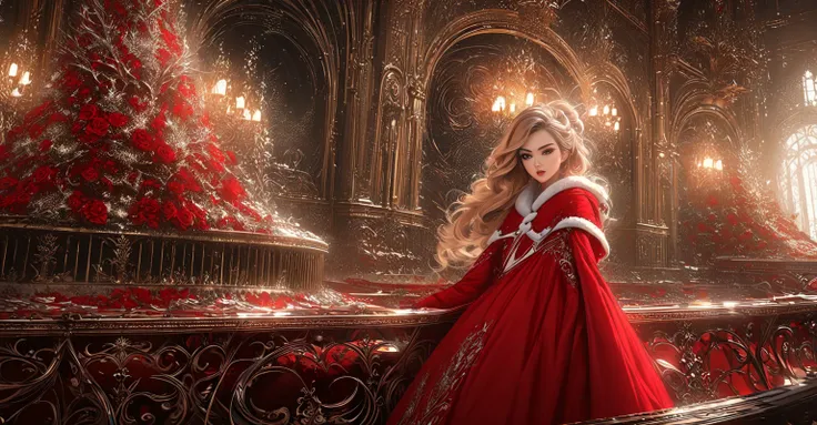 "A young, elegant woman envisioned as a youthful and cheerful Mrs. Claus, blending the features of Sabrina Carpenter, Scarlett Johansson, and Chloe Bennet. She has vibrant auburn hair styled beautifully and exudes joy, elegance, and festive warmth. The set...