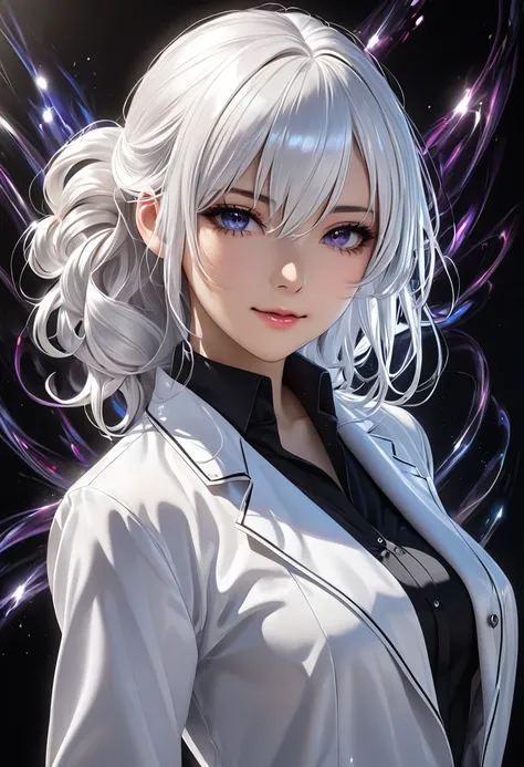 beautiful female doctor, yandere, vivid and seductive expression, shining glossy silky messy half updo, hair over one eye, kind eyes, smirk, superlative great body proportion, wearing white coat, black pantyhose, mysterious beauty of magic, professional an...