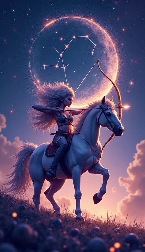  Prompt for the image of Sagittarius :
" An artistic and vibrant representation of Sagittarius , the archer sign .  Show a mystical humanoid figure ,  half human and half horse,  holding a shimmering bow ,  pointing an arrow towards the starry sky .  The s...