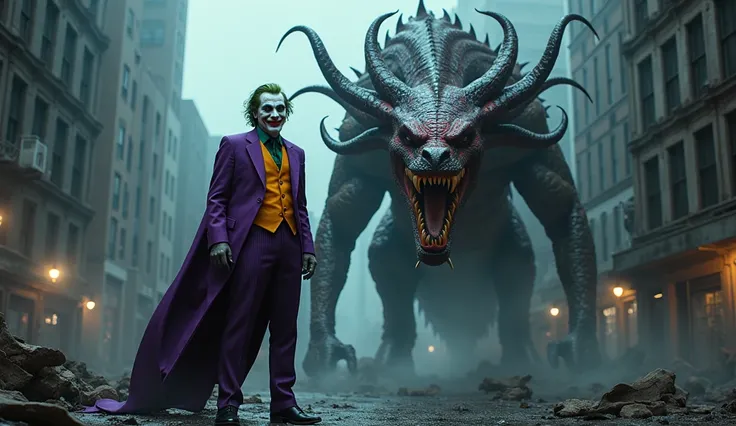 Joker, in his chaotic purple suit, grinning maniacally, standing beside a twisted, multi-headed dragon with iridescent, chaotic scales that shift in color, spewing toxic gas, in a dark, ruined Gotham cityscape.