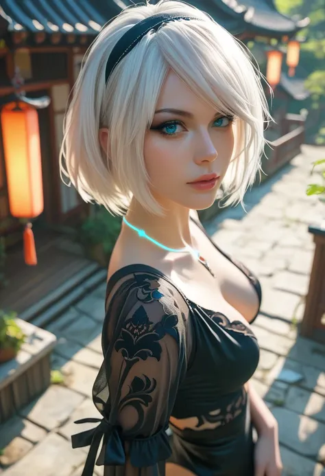 Beautiful female nier android, photoreaistic, fair skin, medium white hair, blue eyes, black eyeliner, ((medium breasts)), strong, fit. Wearing small black dress. Japanese village background. Wearing glowing pendant. High angle view.