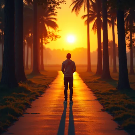  A person standing at the center of an illuminated path ,  surrounded by tree shadows ,  looking at the horizon where a sun is rising . The face expresses determination ,  and the posture is upright and confident ,  with arms crossed or hands around the wa...