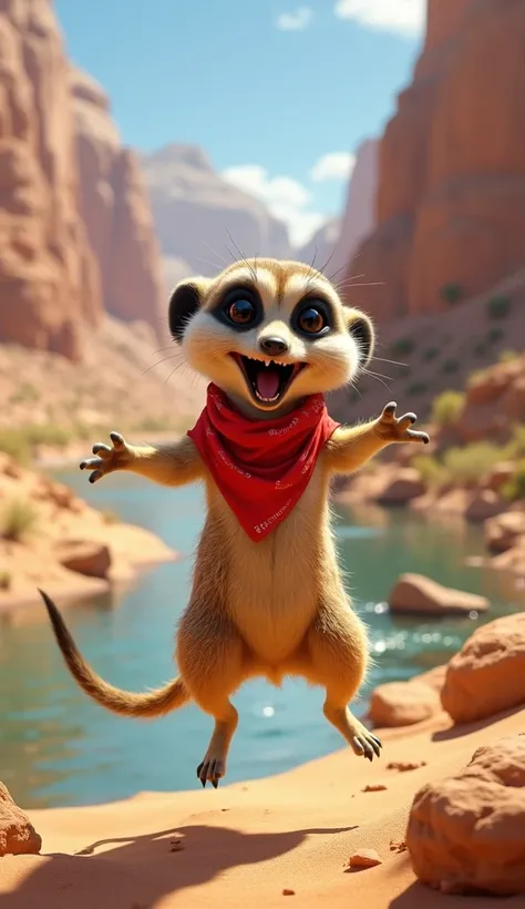 Meerkat (A slim meerkat with dark eye patches, a red bandana, and a mischievous grin.)is jumping and shouting near a bank of river,in the desert