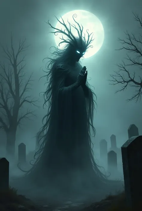  Shadow demon saying a prayer, Theme misty graveyard at night 