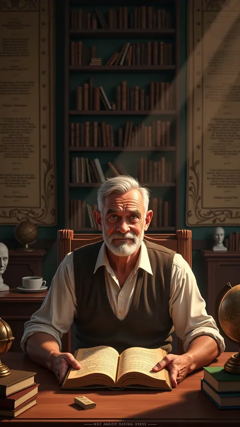 "A hyper-realistic illustration of an elderly man, approximately 60 years old, sitting in a study filled with bookshelves and ancient scrolls, looking directly at the viewer with a thoughtful and engaging expression. He is holding an open book with visible...