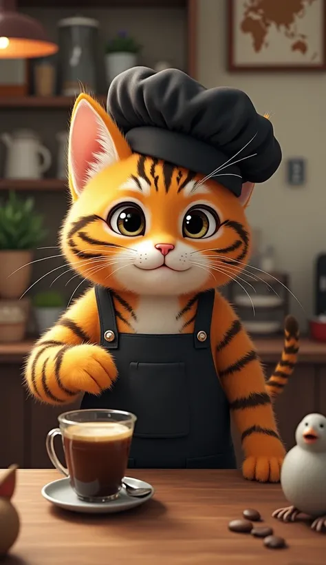  A small coffee shop in the corner of the house ,  with simple decorations . milo,  a tiger motif fluffy kitten with a pattern of stripes brown and black all over her body ,  is being seriously wearing a black colored barista apron and a little slightly ov...