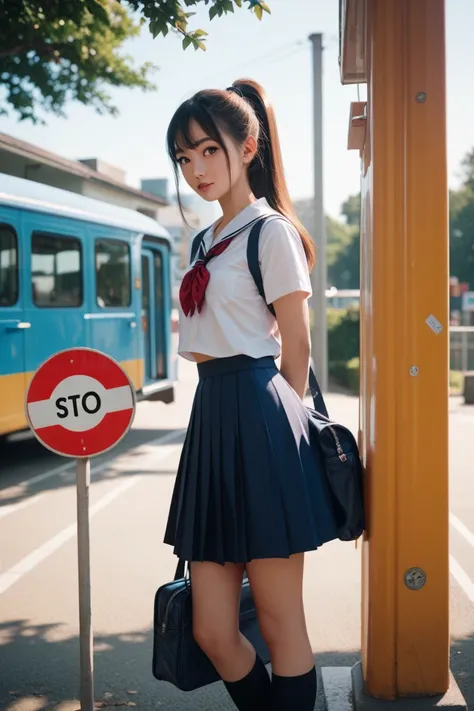 cute looking girl, wearing a school uniform, standing at the bus stop, she has small breasts, she has long hair, ponytail, 