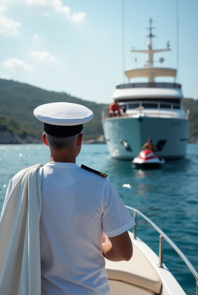 Captain of a boat with a white plate cap , backwards, On the bow of a yacht ,  clutching a cape looks out to sea where a young man with a jet ski and life jacket is in front of a yacht in the Mediterranean