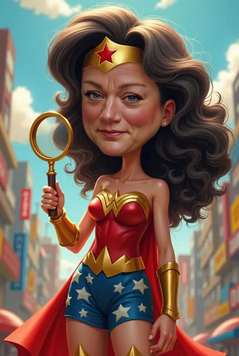 The model should be in a caricature style with a realistic to the photo face. she should be dressed like a full body coverage of wonder woman holding up a magnifying glass and have the colorful city at her back