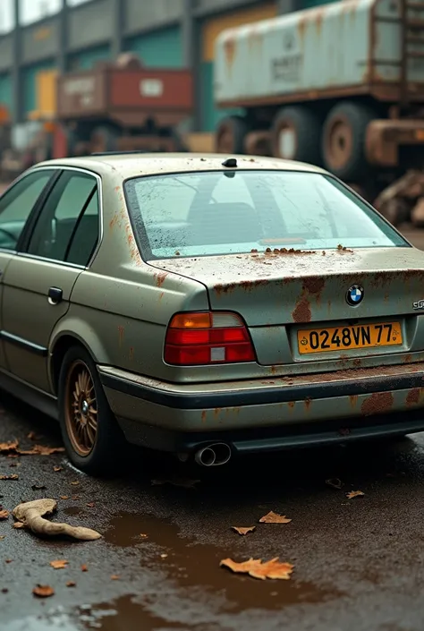 Broken BMW e38 with number plate o248vn 77