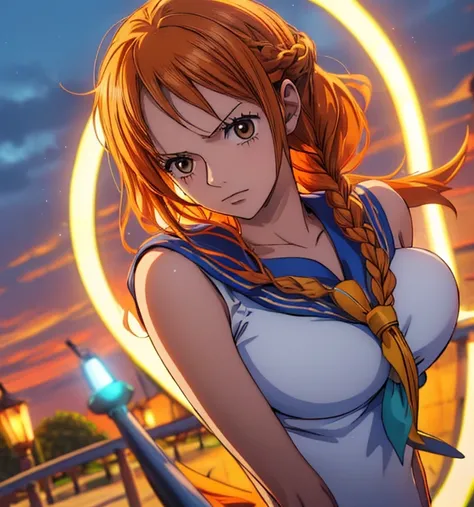 (masterpiece, top quality, 4K, 8k,     high definition   , 最高masterpiece:1.2),   super detailed , (  realistic  , photo  realistic  , photo-  realistic  :1.37),    Maintaining Anime Style  ,   Nami in One Piece,  Light Orange Hair  , beautiful hairstyle , ...