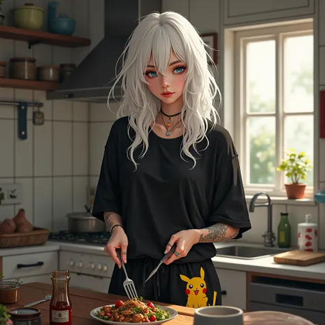 beautiful girl.p Age 21. Long white wavy hair. Hair over half face. Piercings and tattoos. Wearing a baggy black t shirt with black Pikachu sweatpants with black socks on. Realistic. Japanese,  cooking a tasty meal