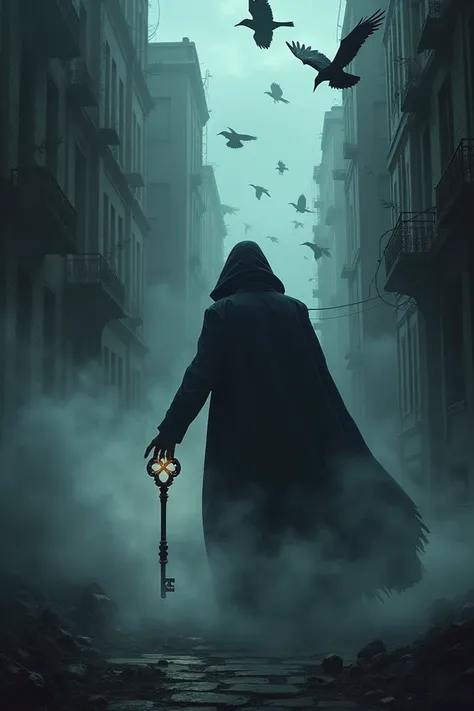 Generate a dark background for an urban fantasy book cover, with crows, smoke, take the key