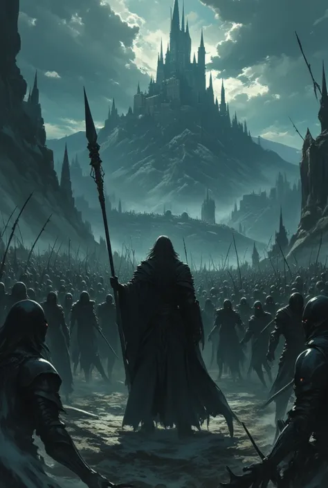 A male mage, long hair, God of Death, necromancer stands at the center of. Clutching an obsidian staff, he commands a vast army of death knight with black armor, their glowing eyes menacing and their bones rattling. The sky above is dark and ominous, refle...