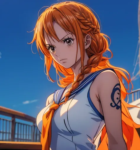 (masterpiece, top quality, 4K, 8k,     high definition   , 最高masterpiece:1.2),   super detailed , (  realistic  , photo  realistic  , photo-  realistic  :1.37),    Maintaining Anime Style  ,   Nami in One Piece,  Light Orange Hair  , beautiful hairstyle , ...