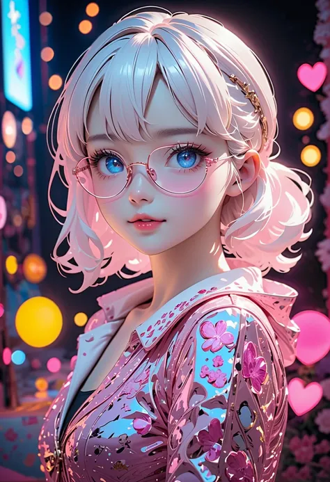 1 Girl, Beautiful Face, collar, Bare shoulders, White hair, (High Saturation), neon lights, Night City, bespectacled, long pointy ears, heart in eye, blind box toy style, rococo style, Chiaroscuro, depth of field, sparkle, ray tracing, reflection light, pr...