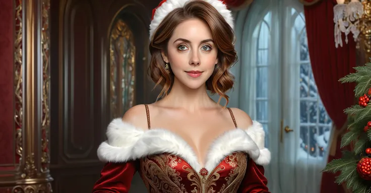 "A young, elegant woman envisioned as a youthful and cheerful Mrs. Claus, blending the features of Alison Brie, and Chloe Bennet. She has vibrant auburn hair styled beautifully and exudes joy, elegance, and festive warmth. The setting is a luxurious Rococo...