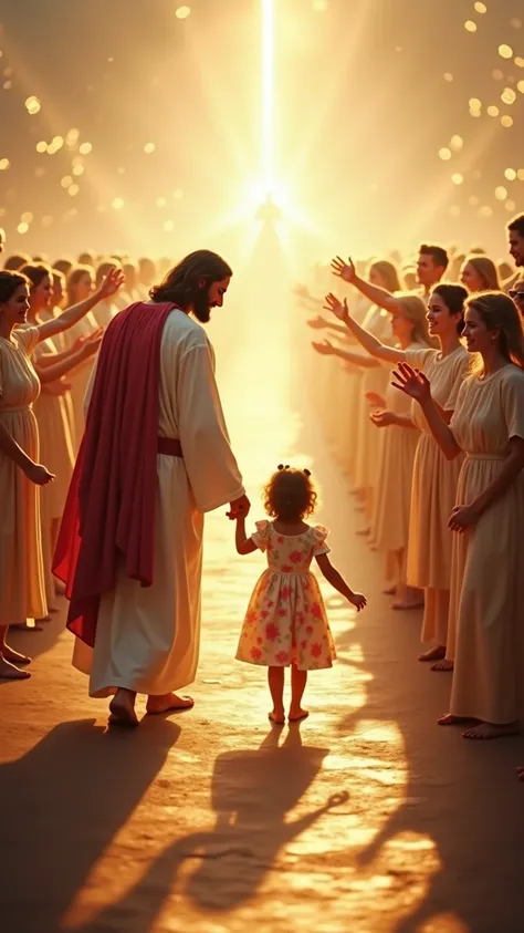 "Create a heartwarming and heavenly scene featuring Jesus gently holding the hand of a small  as they walk along a radiant path surrounded by a multitude of angelic figures. Jesus, dressed in flowing white robes with a red sash, looks down lovingly at the ...