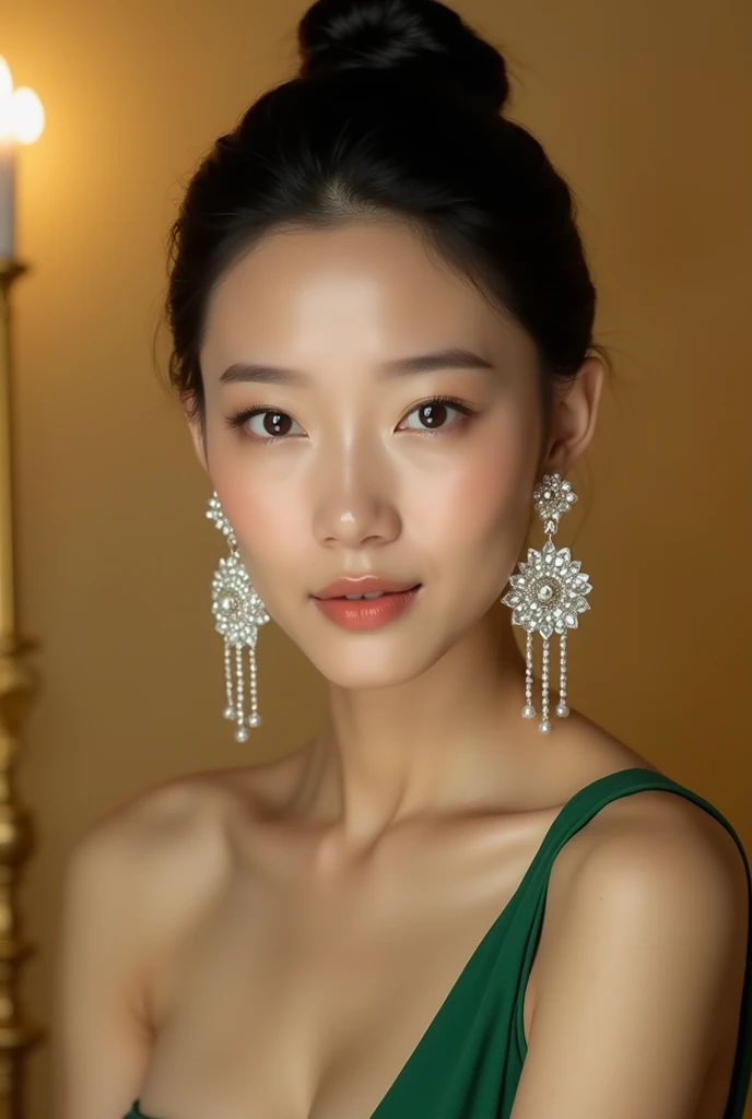 A portrait of a slender Asian woman with fair skin and dark hair tied up gracefully. She wears large embellished silver flower earrings and a sleeveless green dress. The background is a soft, blurry gold color, evoking a luxurious atmosphere. The image has...