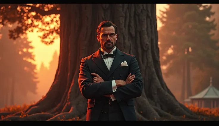 A wealthy railroad baron from the 19th century standing proudly under a massive redwood tree, arms crossed, staring directly at the camera with a domineering gaze, illustration realist, street light in gold and red tones, cinematic quality, 8k, 3D photogra...