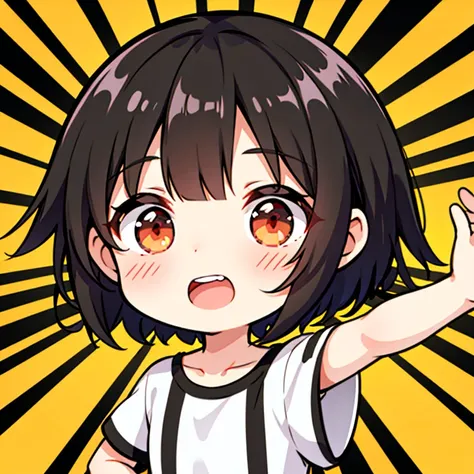 chibi emoji guy, @@, open mouth, teeth, short black hair, shirt, single vertical stripe, black hair