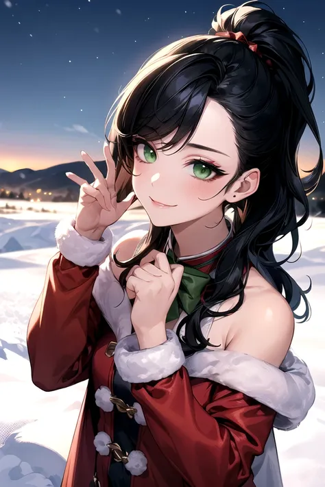 Woman with Wavy Black Hair and Green Eyes, christmas costume, Eye Shadow ,  cute face,  look, little smiles,  ponytail, snowy landscape, masterpiece, accurate,  Anatomically Correct ,  top quality , 