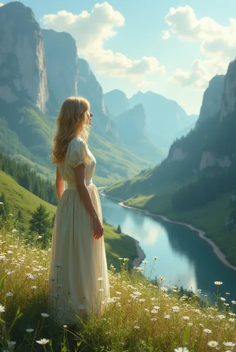 Blonde woman admiring a landscape 