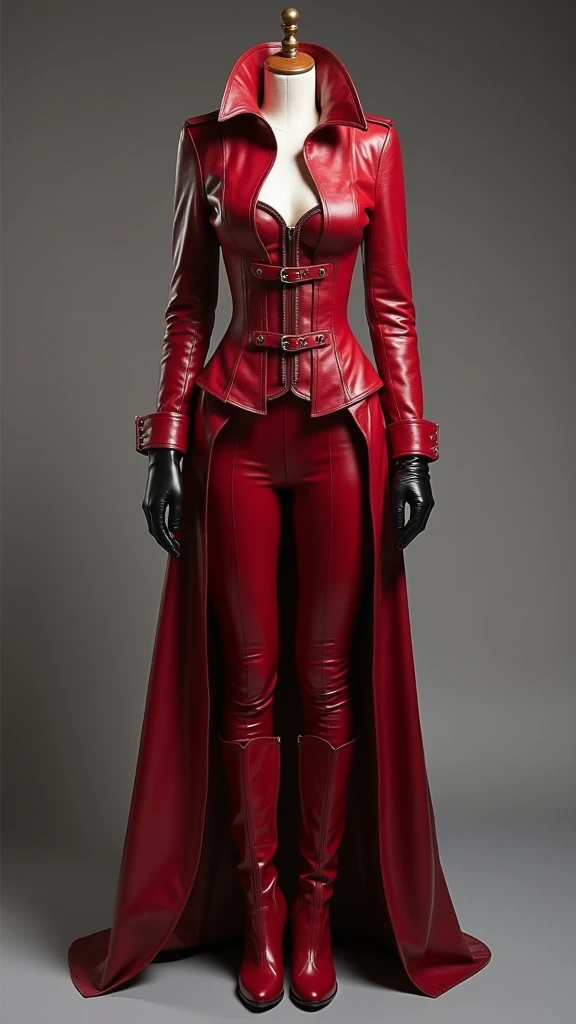 This consisted of a red leather suit with a wine red corset  ,  and a red leather jacket that had two straps on the front . . The uniform included black leather fingerless gloves that reached the elbows and high-heeled boots with red trims on the top..