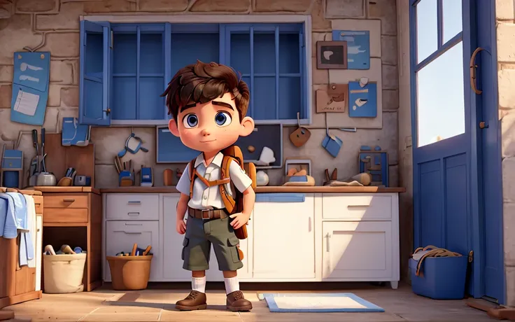  Boy in a backpack, scout,  uniform white and blue