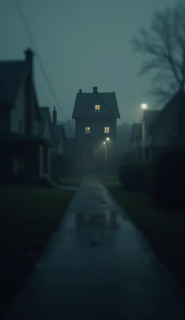 On the blurry street you will find a house without light in the dark night. 