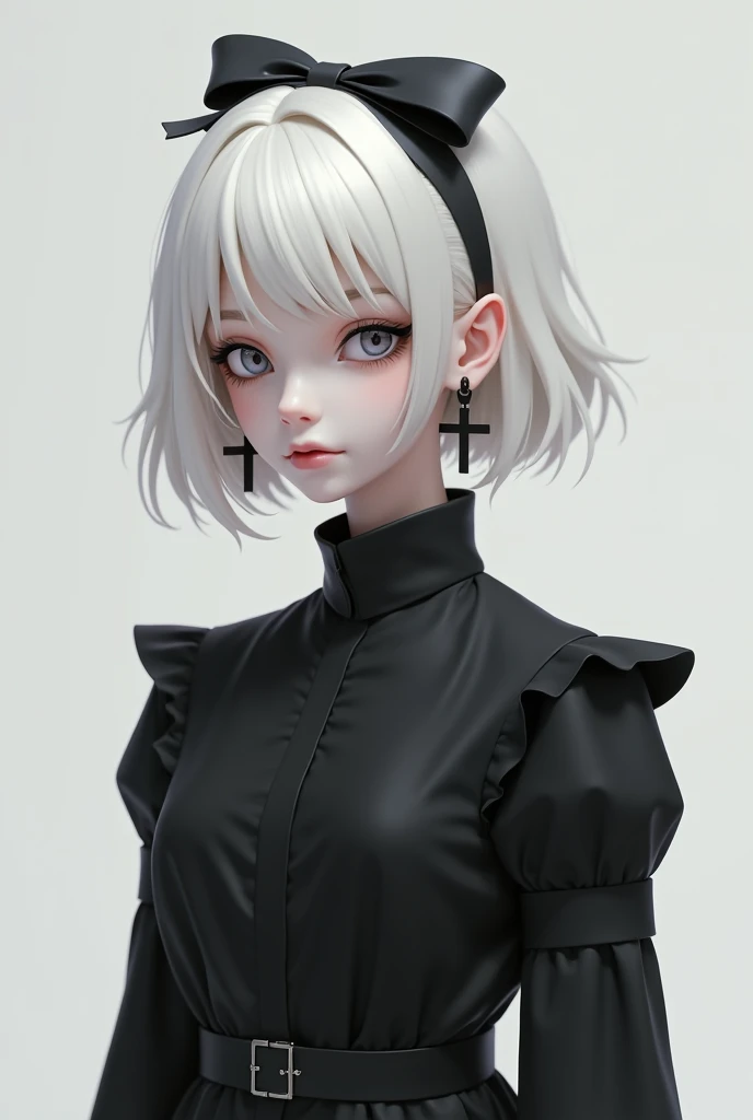 FEMBOY - WHITE HAIR - WITH BLACK CLOTHES - BOW ON HIS HEAD AND BLACK CROSS EARRINGS