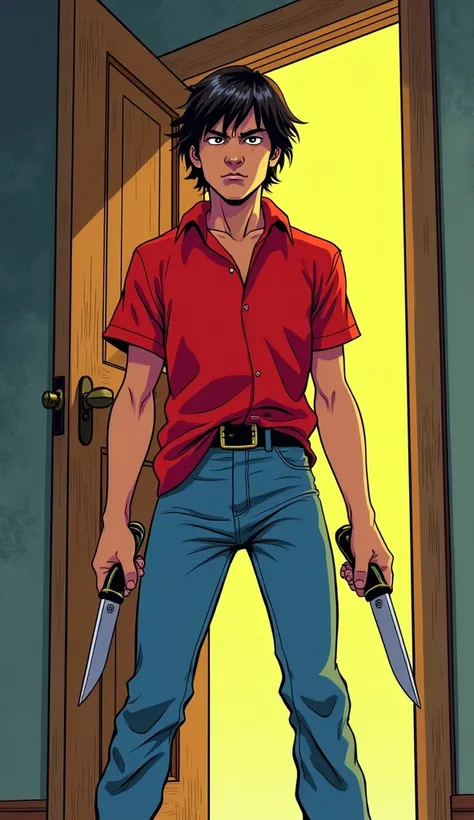 19 year old  in red shirt, jeans and holding two army knives in his arms standing by the opened door he is facing towards camera and his unsettling face can be seen, cartoon comic style from 70s