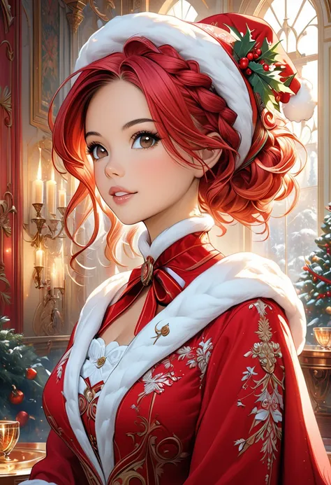 "A young, elegant woman envisioned as a youthful and cheerful Mrs. Claus, blending the features of Olivia Munn, Nathalie Emmanuel and Chloe Bennet. She has vibrant auburn hair styled beautifully and exudes joy, elegance, and festive warmth. The setting is ...