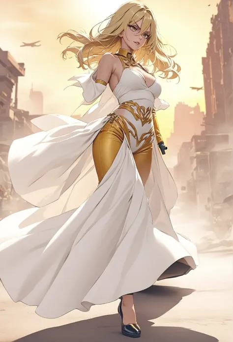 The golden-haired woman holds a gun