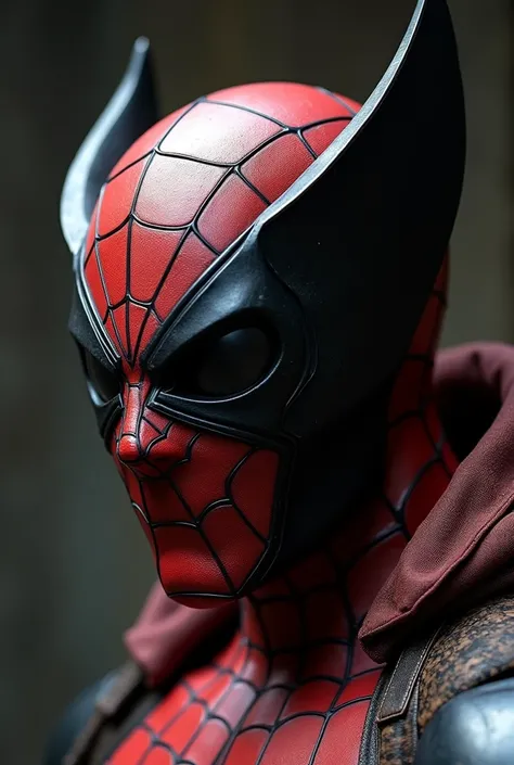  A mask covering the entire face ,  with eyes in a shade of black lens ,  reflecting Wolverines style and the  "spider sense".  It would have the rounded shape and sharp lines characteristic of Spider-Man, with pointed details ,  on the ears ,  referring t...