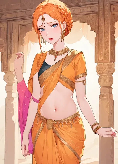 summer.smith, orange hair, 1girl, braid, eyeshadow,lipstick,bindi, saree,ashamed,score_9, score_8_up, score_7_up, score_6_up, score_5_up, score_4_up, looking at viewer,cleavyge, cowboy shot,harem